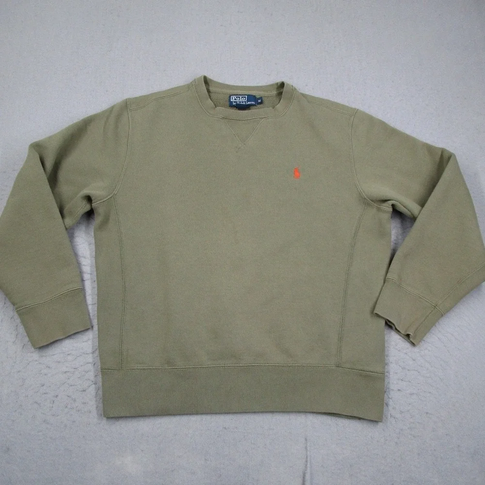 Polo Ralph Lauren Sweatshirt Mens Medium Olive Green Orange Pony Crewneck
